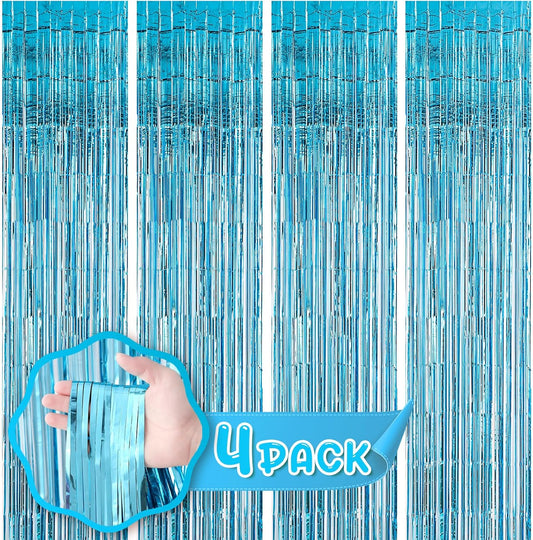 4 Pack 3.3x8.2 Feet Light Blue Foil Fringe Backdrop Curtains, Tinsel Streamers Birthday Party Decorations, Fringe Backdrop for Graduation, Baby Shower, Gender Reveal, Disco Party