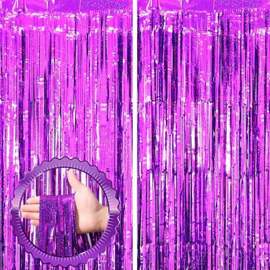 2 Pack Purple Tinsel Foil Fringe Curtains, Purple Party Decorations, Metallic Tinsel Party Streamers Backdrop for Halloween Mermaid Bachelorette Graduation Party Decorations