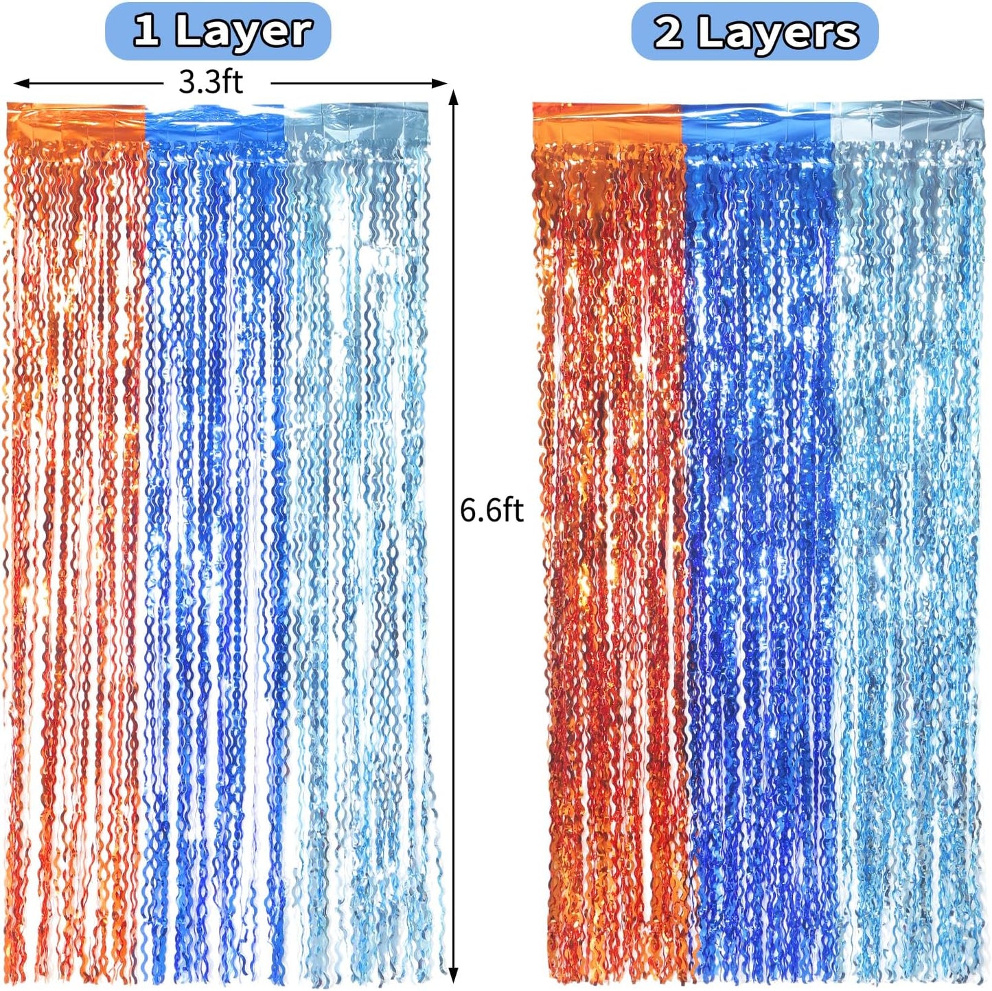 3 Pack Wavy Blue Dog Tinsel Backdrop Party Decorations - 3.3x6.6ft Orange and Dark Light Blue Metallic Foil Fringe Streamers for Birthday Party Supplies Photo Booth Prop Backdrop