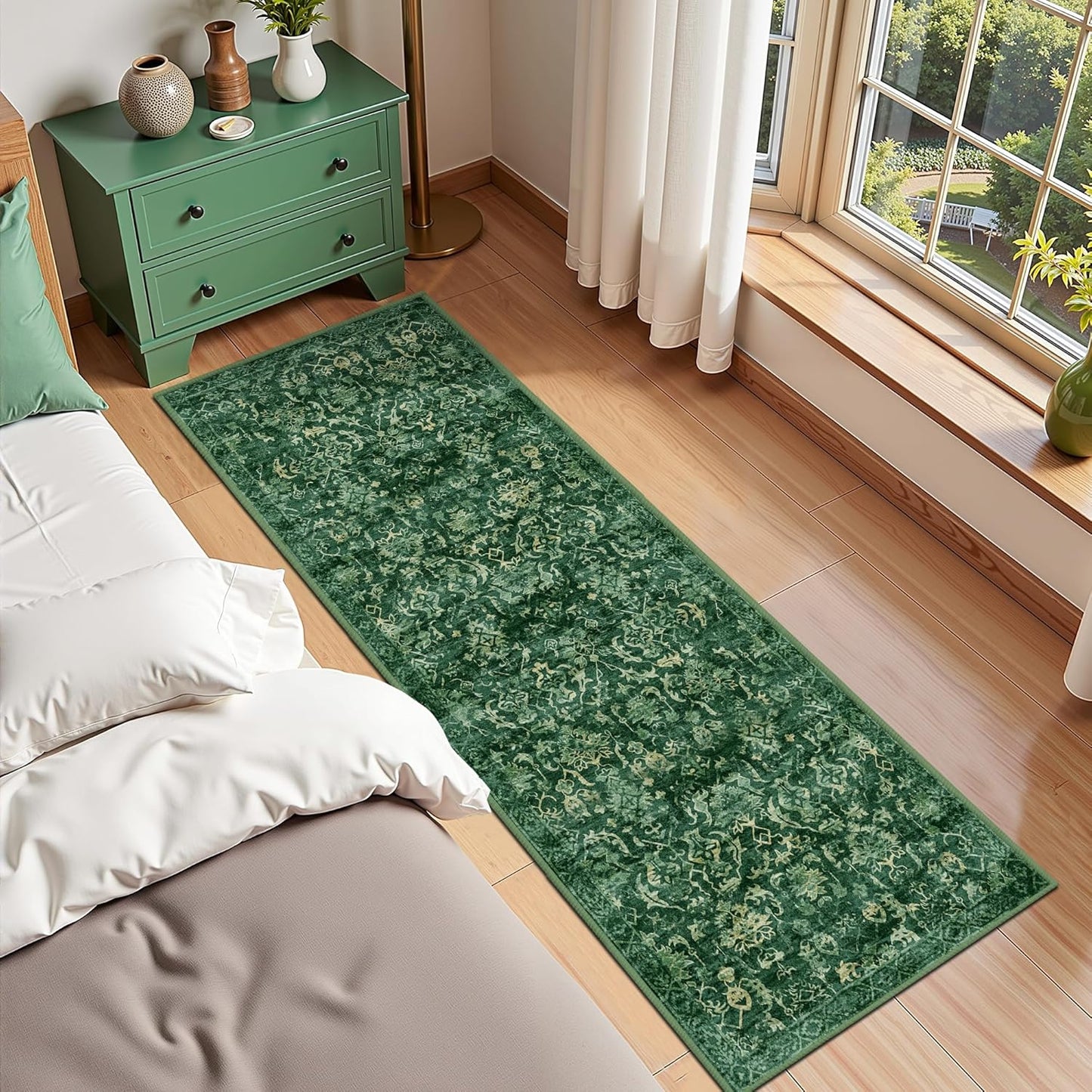 Dark Green 2x6 Runner Rug for Hallways Bed Side Kitchen, Boho Washable Distressed Low-Pile Floor Entryway Long Bathroom Mat, Non-Slip Laundry Room Washstand Front Carpet Green 24x72 Inch