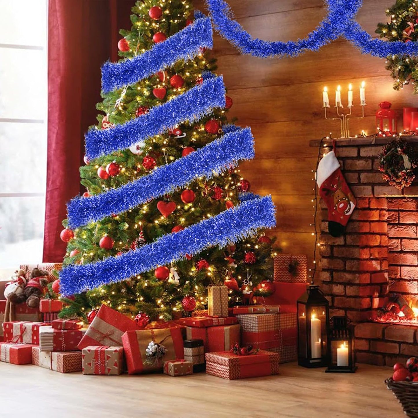 32.8 Ft Blue Christmas Tinsel Garland Metallic Shiny Tassle Banner Wall Hanging Tinsel Streamers Backdrop for Christmas Holiday Birthday Party Supplies Indoor Outdoor Ornaments Home Decor