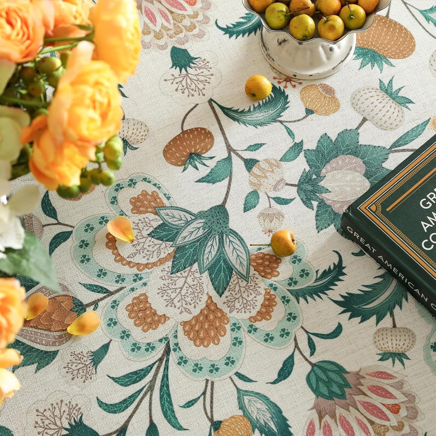 patdrea Designer Green Extra Long Rectangle Table Cloth,Italian Floral Country Linen Breathable Tablecloth,Decor Cover for Kitchen Dining,Christmas,Tea Party,Thanksgiving,63"x110"-Tree Life