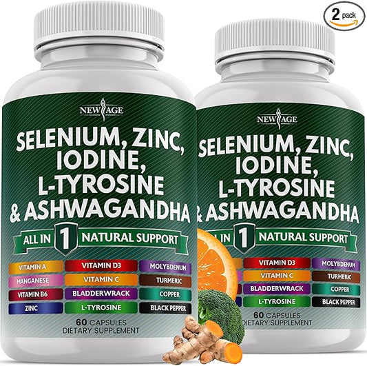 NEW AGE Selenium, Zinc, Iodine, L Tyrosine, Ashwagandha - Supplement for Women and Men with Bladderwrack, Turmeric, Silica Kelp, Schisandra - 120 Count
