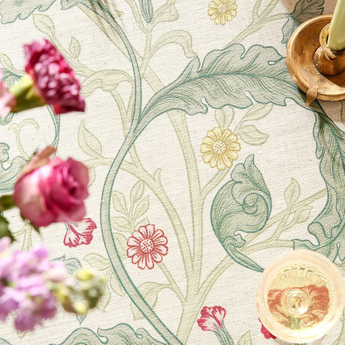 patdrea Designer Green Long Table Cloth for Rectangle Table,Vintage Linen Leaves Pattern Tablecloth,Floral Decor Cover for Kitchen Dining Christmas,Tea Party,Thanksgiving,63"x94"-Cecilia a