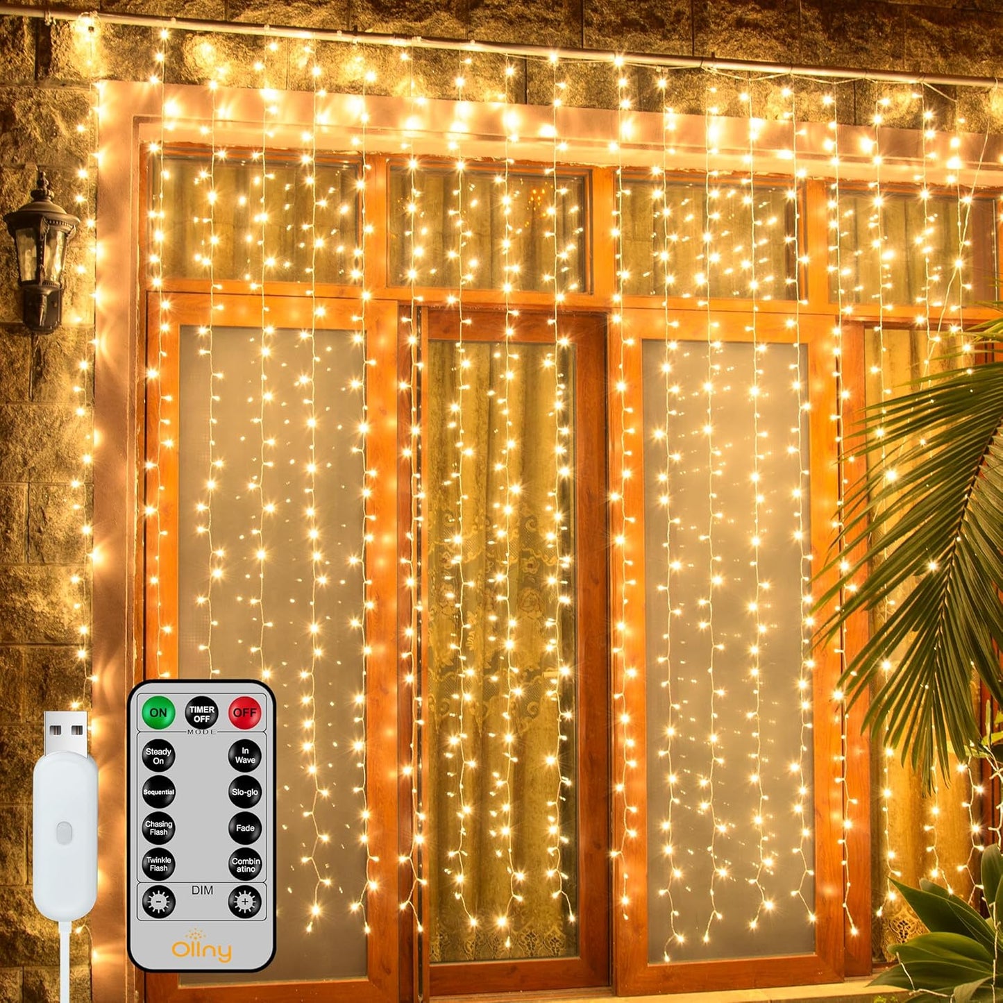 Ollny Curtain Lights 6.6x6.6ft, 200 LED String Lights with Remote 8 Modes Dimmable Timer, USB Power Fairy Light for Bedroom Backdrop Indoor Wall Window Wedding Decor, Warm White