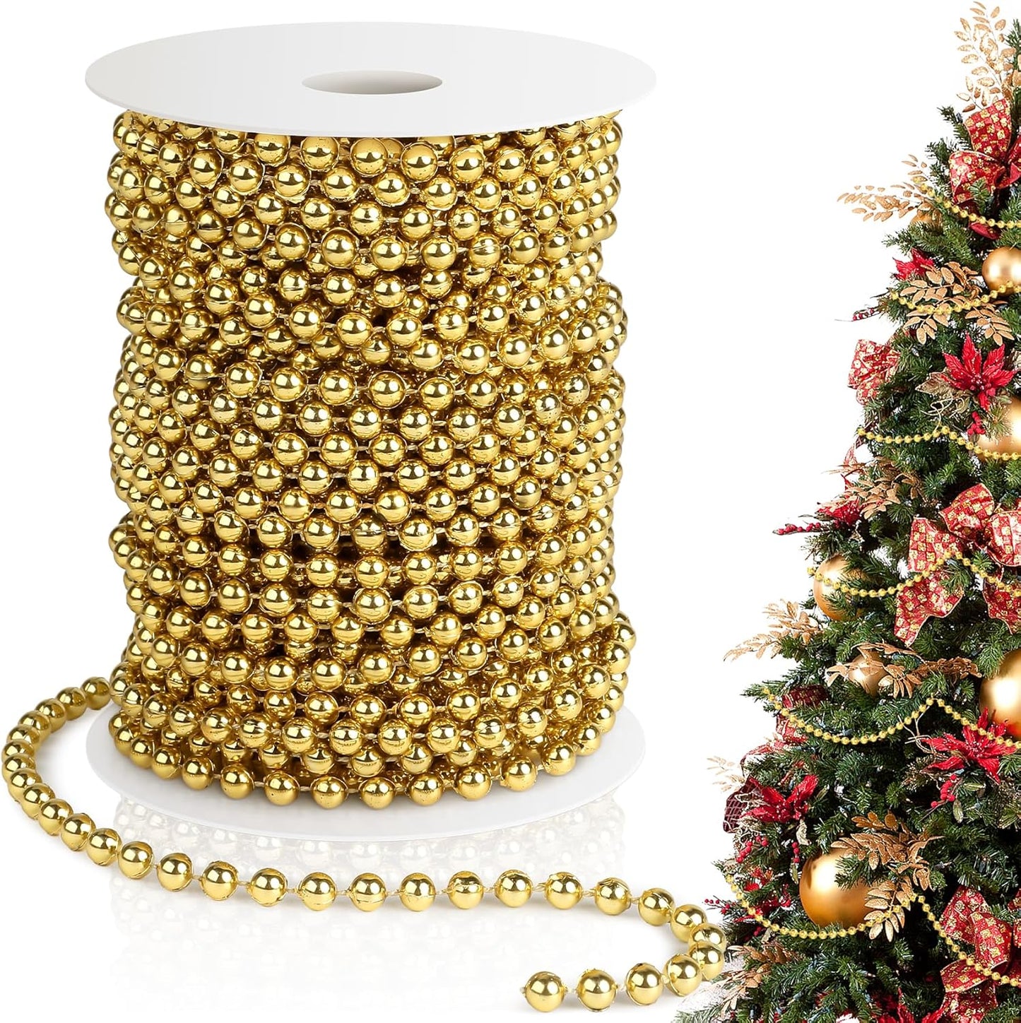 Pearl Beads Garland, 6 MM Gold Faux String of Pearls, Pearl Garland for Christmas Tree 82FT Pearl Beads Strand Spool Bead Roll for Crafts Floral Centerpieces Wedding Party Christmas Tree Decorations