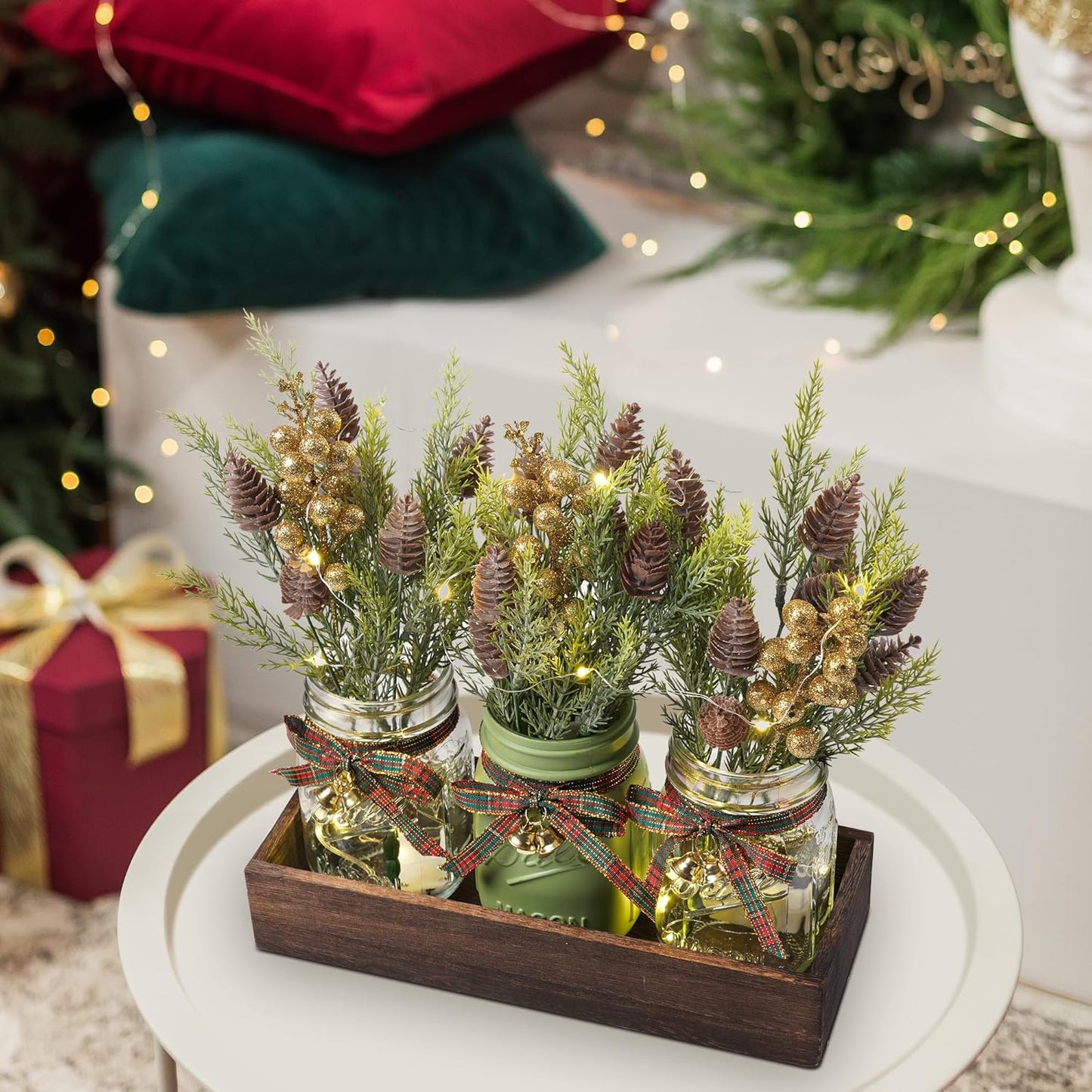 3 Pcs Mason Jar Centerpiece Decorations for Christmas Table Decor Farmhouse Coffee Table Decor Christmas Kitchen and Room Decor,Green