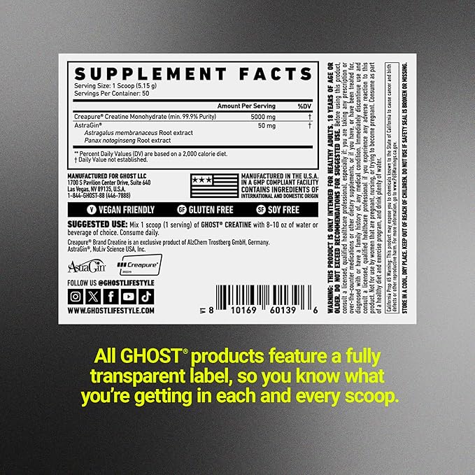 GHOST Basics Creatine Monohydrate Powder for Men & Women – 5G Creapure Creatine Workout Supplement for Muscle Gain – Vegan, Soy Free & Gluten Free - 50 Servings