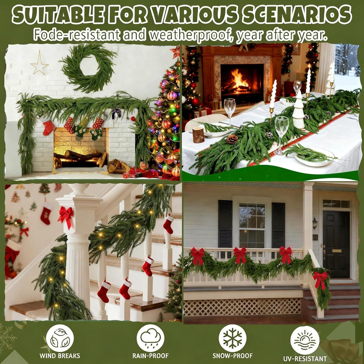 9FT Artificial Norfolk Pine Garlands for Christmas Decorations,Real Touch Winter Faux Greenery Garlands for Mantel Table Stair Fireplace Wall Holiday Indoor Outdoor Decor(2 Pack)
