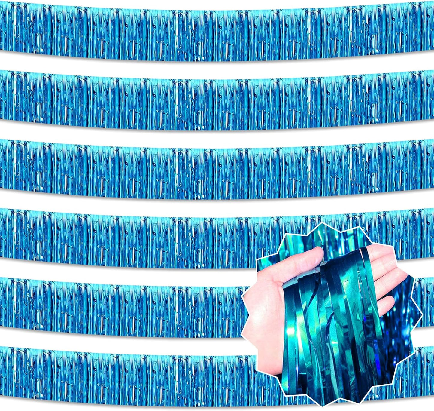 6 Pack 10 Ft Lake Blue Foil Fringe Garland Metallic Streamers Tinsel Banner Wall Hanging Garland Backdrop for Parade Floats, Halloween, Christmas, Thanksgiving, New Year Party Decorations