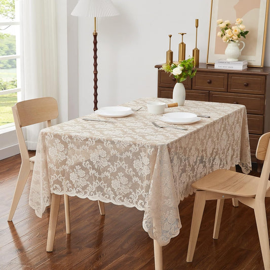 LinenZone Linen Rectangle Tablecloth for Rustic Vintage Decor. Sheer Lace Tablecloth Works Great As Wedding, Thanksgiving or Christmas Decor (Mia TC 60 x 84, Linen)