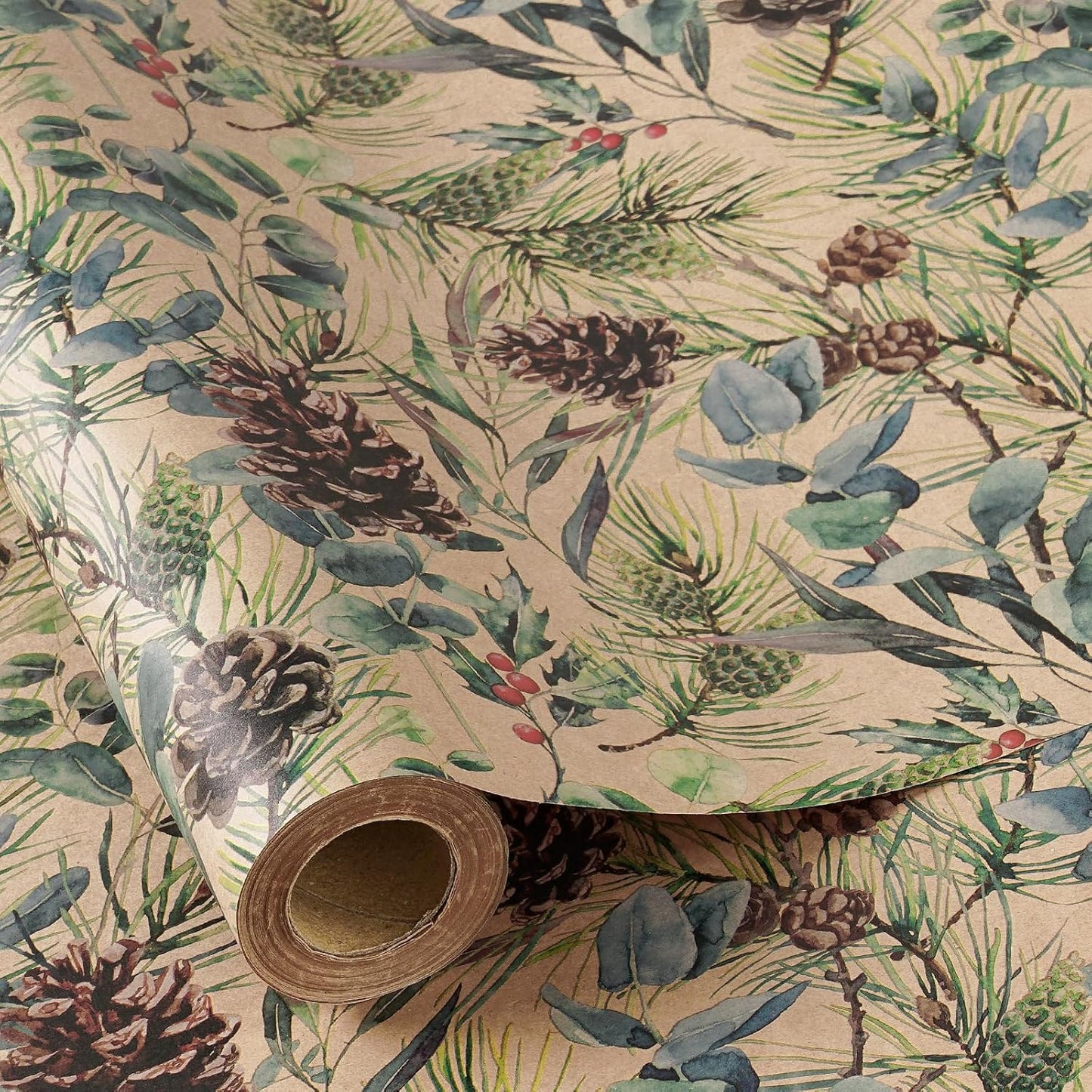 RUSPEPA 30" X 32.8' Kraft Christmas Wrapping Large Paper Roll, Jumbo Roll, Watercolor Pinecone and Eucalyptus Leaf Design, Kraft Gift Wrap for Christmas, Winter Holiday Party, Rustic Natural Theme