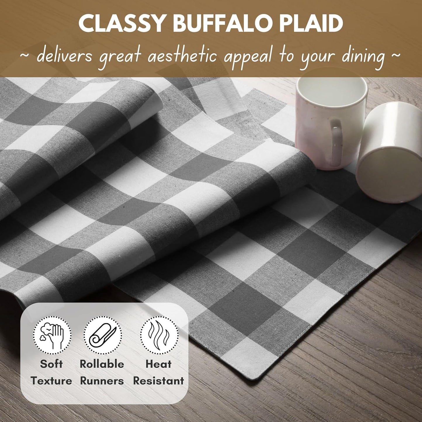 Native Fab Table Runner Buffalo Check Plaid 100% Cotton - 13x72 Inches Kitchen Dining Table Decoration for Indoor Outdoor Farmhouse Home Party Decor - Grey and White