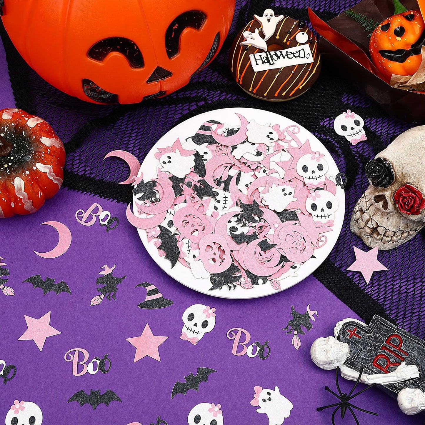 MARFOREVER Pink Halloween Confetti Glitter, Halloween BOO Witch Bat Pumpkin Ghost SkeletonTable Scatter Confetti Sprinkles for Halloween Birthday Party Supplies Decorations