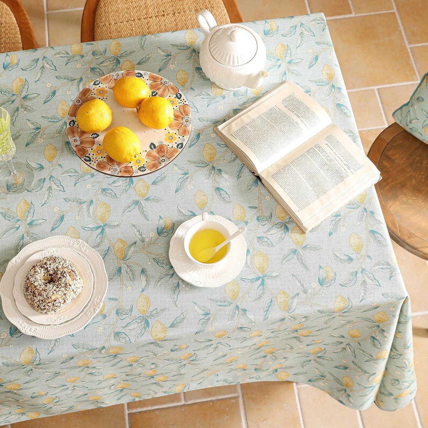 patdrea Designer Linen Green Square Tablecloth,Vintage Yellow Flowers Pattern Farmhouse Table Cloth,Home Table Cover Decor for Kitchen Dining Christmas,Thanksgiving,Party,67"x67"-Ania a