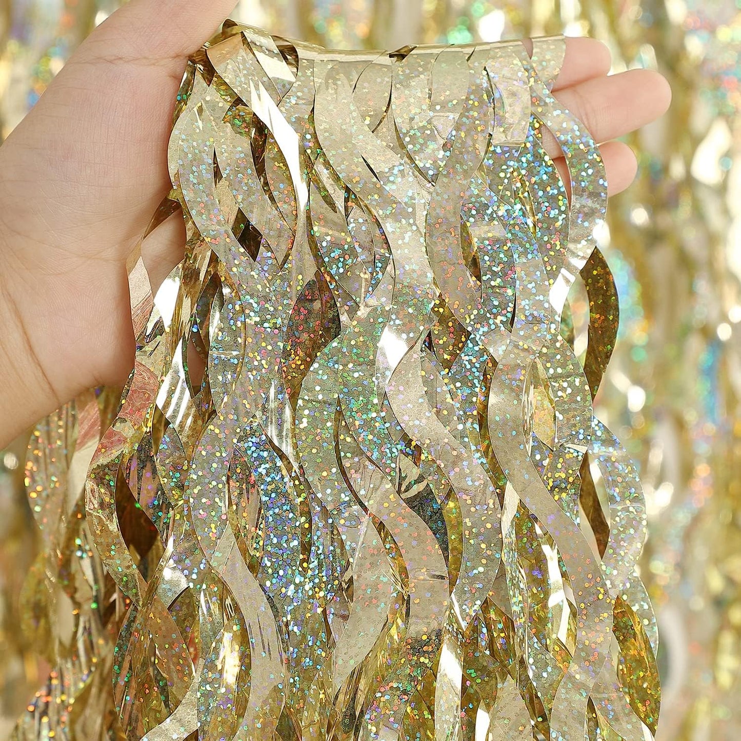 Champagne Gold Foil Fringe Backdrop - CYLMFC 3 Pack 3.3 ft x 6.6 ft Sparkle Tinsel Foil Fringe Backdrop Curtains for Birthday Anniversary Retirement Party Decorations