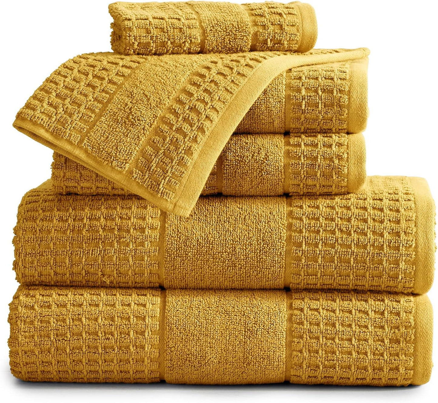 100% Cotton Super Soft Luxury Towel Set | Quick-Dry and Highly Absorbent | Waffle Textured | 550 GSM | 2 Bath Towels, 2 Hand Towels, & 2 Washcloths | Harper Collection (Mustard Yellow)