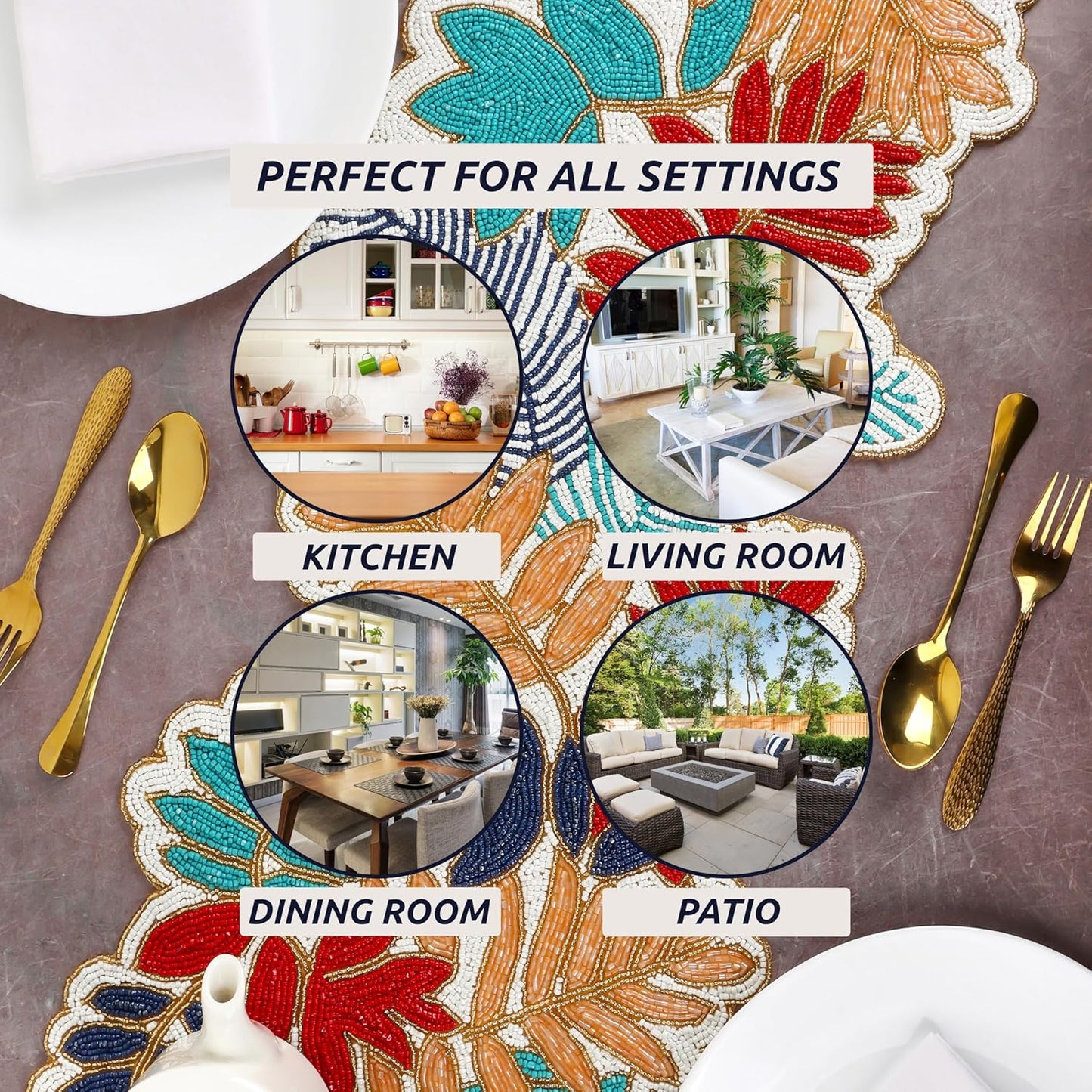 Beaded Table Runner 13x36 - Handmade Leaf Design, Glass Beads & Polyester Backing - Decorative Dining Table Centerpiece for Weddings, Parties, Thanksgiving, Christmas & Everyday Décor - CLEENTABLE