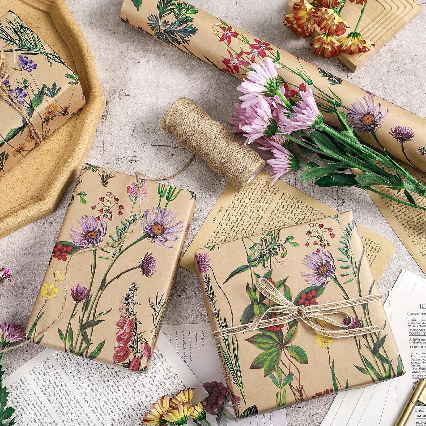 RUSPEPA 30" X 32.8' Wildflower Floral Wrapping Large Kraft Paper Roll for Women, Jumbo Roll, Herbal Kraft Wrapping Paper for Christian Gifts, Birthdays, Weddings, Bridal Shower, Engagement, 82 sq.ft