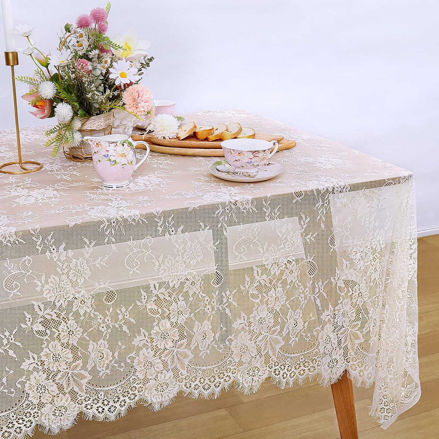 LuoluoHouse Set of 2 Ivory Lace Tablecloths Rectangle Chic Wedding Embroidered Tablecloth 60x120 inch Decorative Tablecloth for Farmhouse Party Birthday Kitchen Table Linens