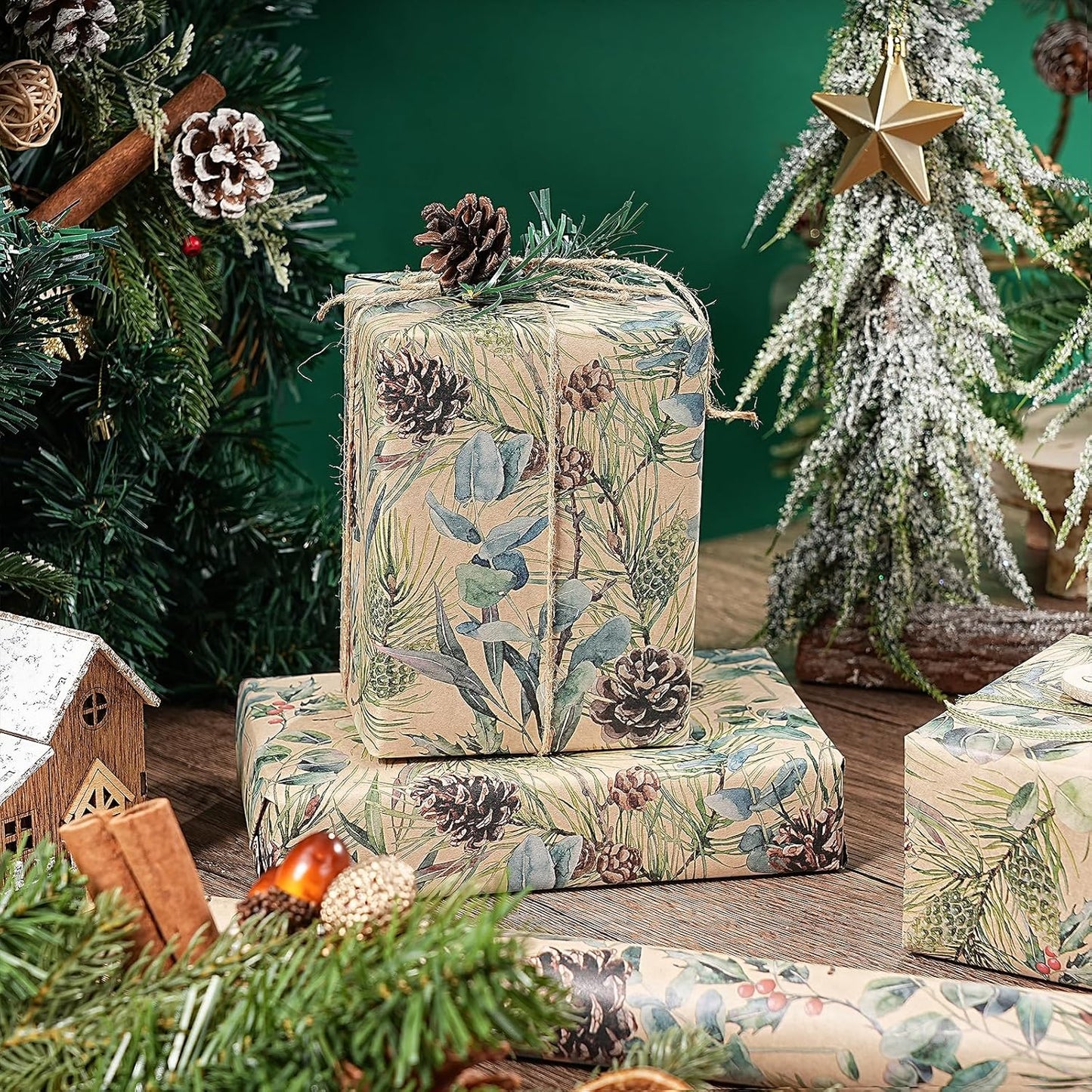 RUSPEPA 30" X 32.8' Kraft Christmas Wrapping Large Paper Roll, Jumbo Roll, Watercolor Pinecone and Eucalyptus Leaf Design, Kraft Gift Wrap for Christmas, Winter Holiday Party, Rustic Natural Theme