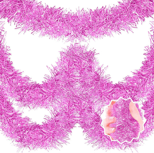 25 Feet Macaron Pink Christmas Tinsel Garland, Metallic Foil Twist Banner Wall Hanging Tinsel Streamers Backdrop for Parade Floats, Christmas, Mother's Day, Birthday Party Decorations(4in x 25ft)