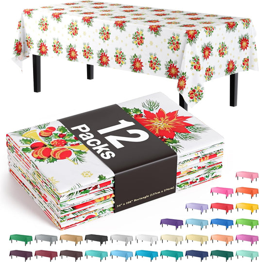 Party Solids Pack Of 12, Premium Rectangle Holiday Design Plastic Tablecloth - Christmas Decorations Tablecloth Disposable Plastic Table Cover for December - 54 inch. x 108 inch