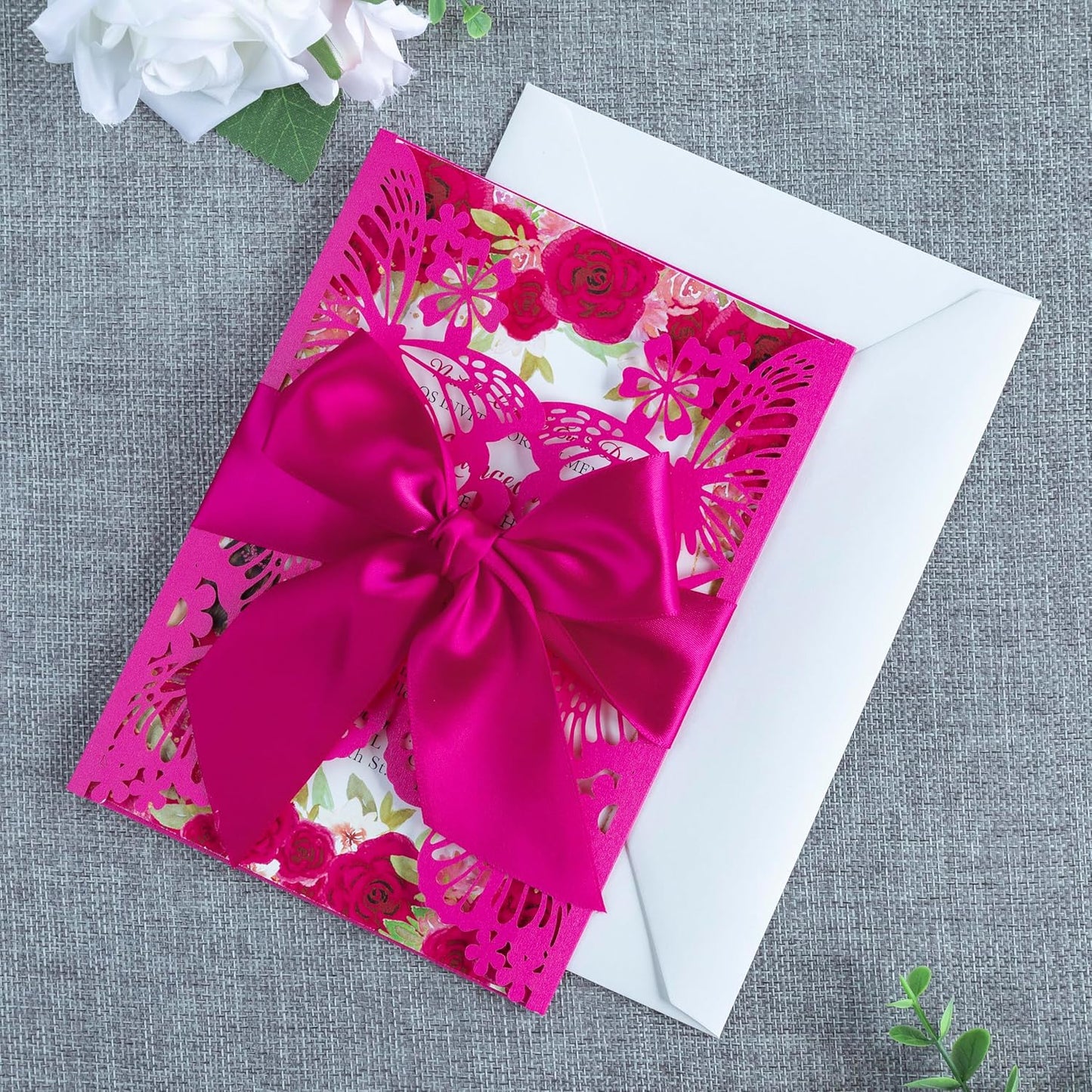 20 PCS 5.12x7.2 Butterfly Quinceanera Invitation, Laser Cut Wedding Invitation Cards with Envelopes for XV Anos Bridal Shower Baby Shower Invite (Fuchsia)