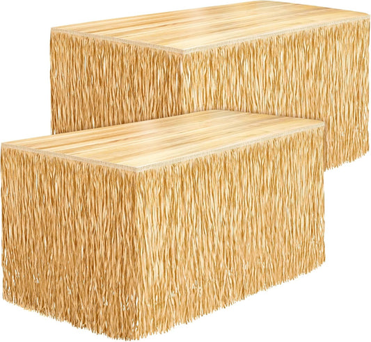 Fovths 2 Packs Luau Grass Table Skirt Fringe Dark Straw Grass Skirt 108 x 30 Inch Hibiscus Hawaiian Table Skirts Rectangle Tropical Luau Party Decorations for Hawaiian Decorations