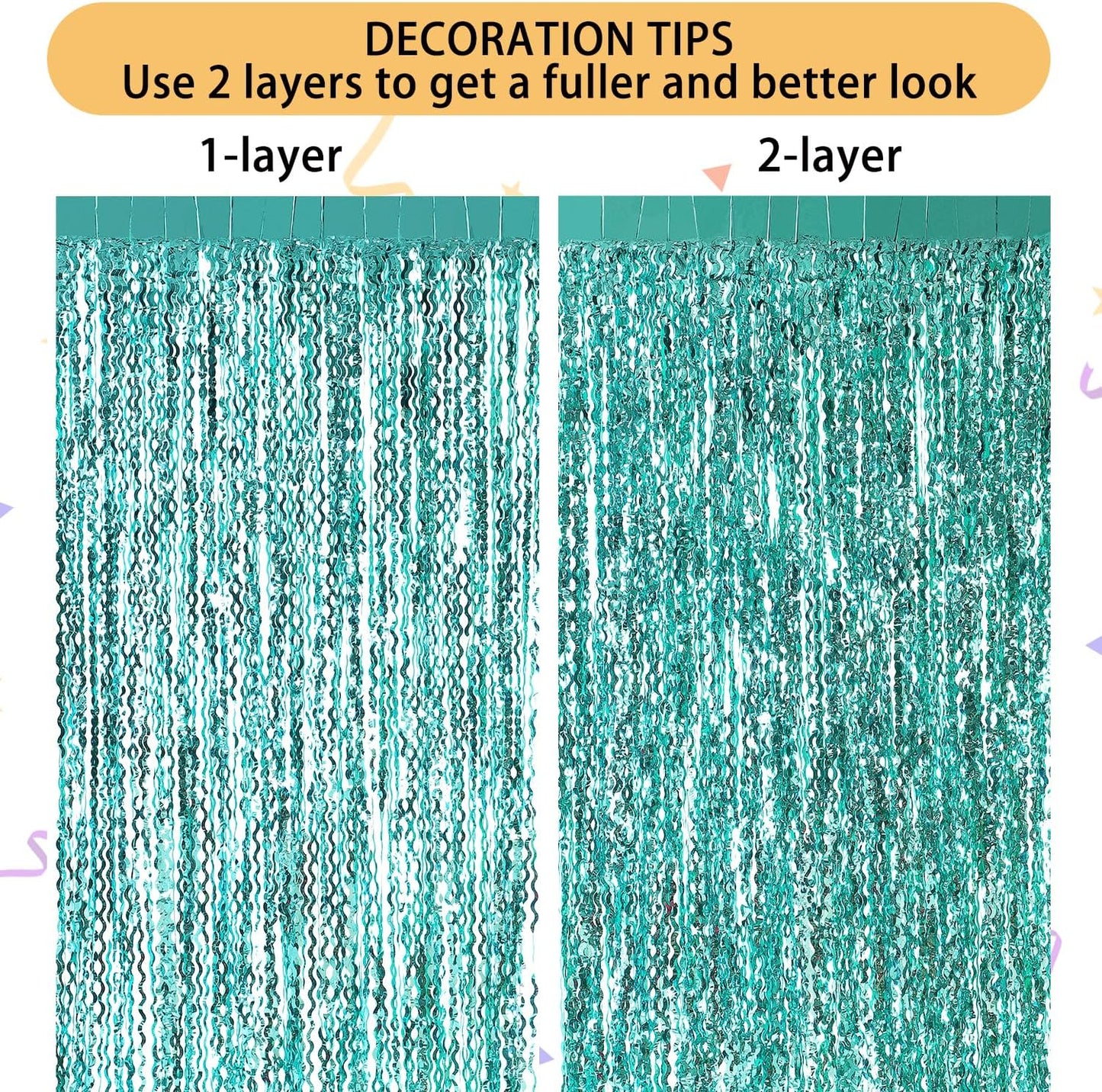 3 Pack Teal Aqua Blue Wave Foil Curtains - 3.3 ft x 6.6 ft Tinsel Metallic Streamers for Photo Booth Birthday Wedding Girl Princess Bachelorette Euphoria Theme Party Decorations