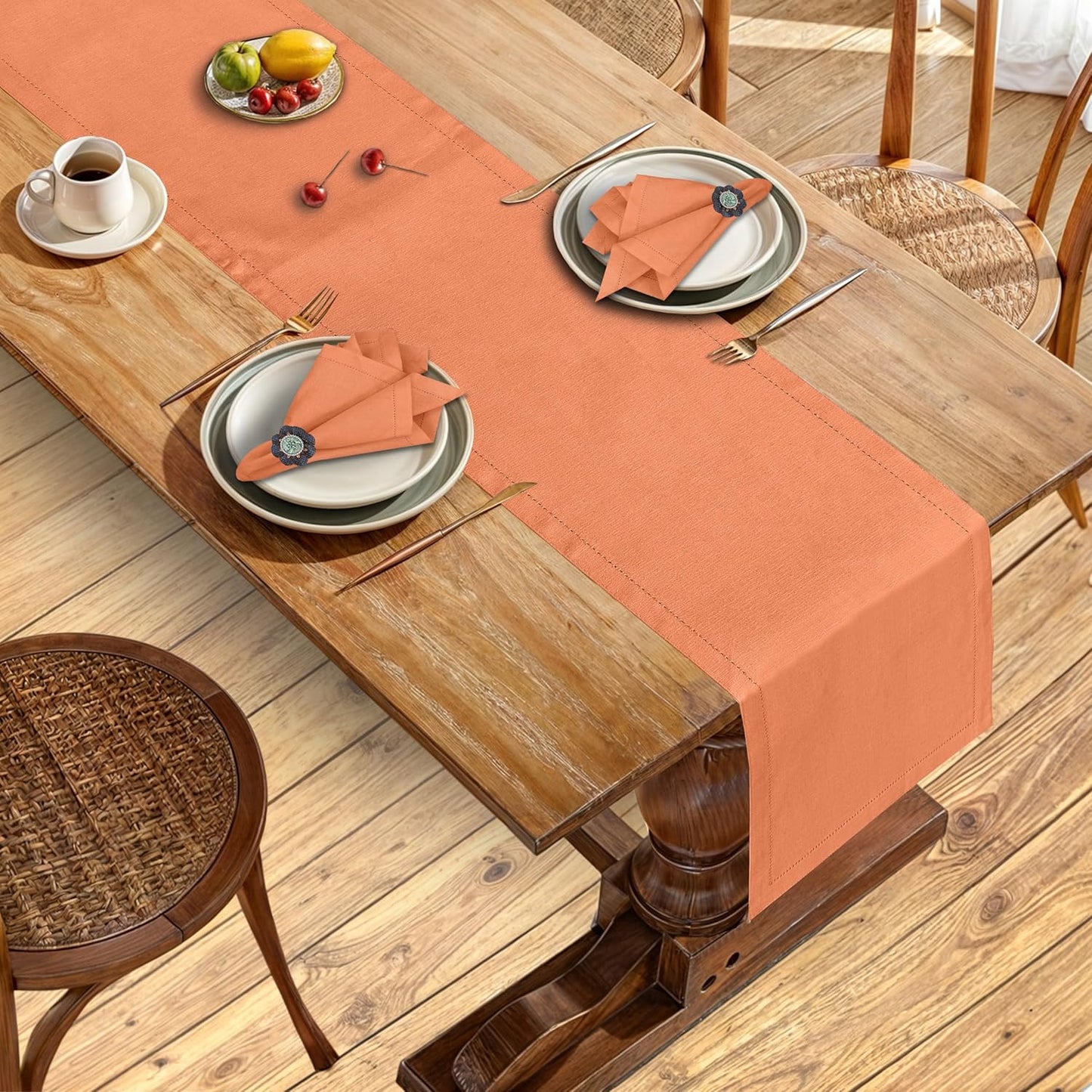 Ruvanti Linen Table Runner 108 Inches, Classic Hemstitch, Washable, Reusable, Non-Slipping, Stain Resistant- Perfect for Parties, Weddings, Dinners, Thanksgiving, Christmas, Indoor use – Orange