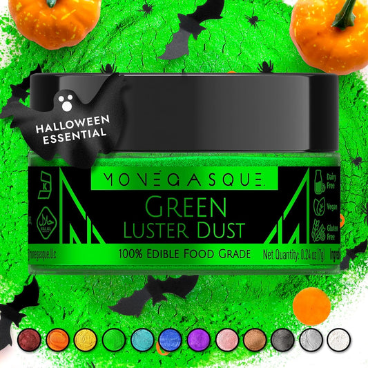 MONÉGASQUE Green Edible Glitter for Drinks 7g – Edible Glitter for Cakes & Cocktails – Green Luster Dust for Drinks – Halloween Drink & Cake Decorations Dust Powder Spray – Cocktail & Drink Shimmer