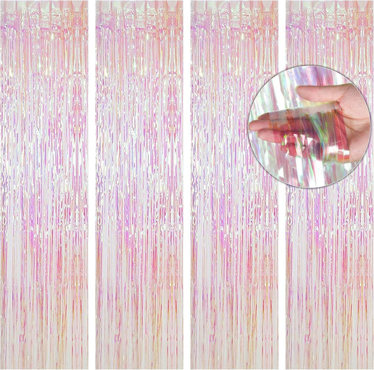 BTSD-home 4 Pack Iridescent Backdrop Transparent Clear Foil Fringe Curtain, Metallic Photo Booth Tinsel for Mermaid Frozen ERAS Wedding Birthday Baby Shower Bachelorette Party Decorations(8ft x 3ft)