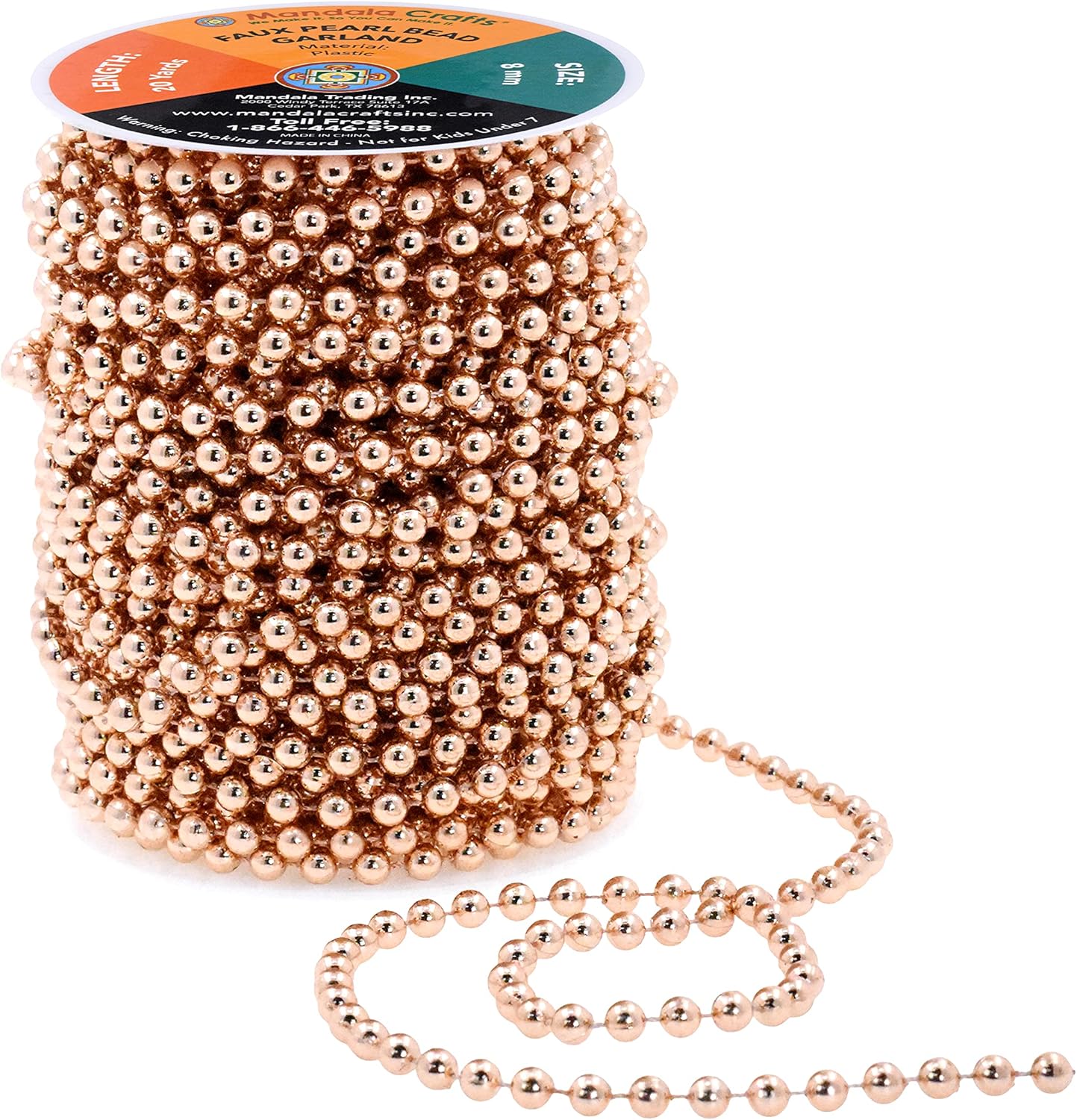 Mandala Crafts 8mm Faux Rose Gold Pearl Beads Roll - 20 Yards Strand of Fake Pearls Chain Garlands Spool String for Christmas Tree, Wedding, Party, Vases, DIY Decoration