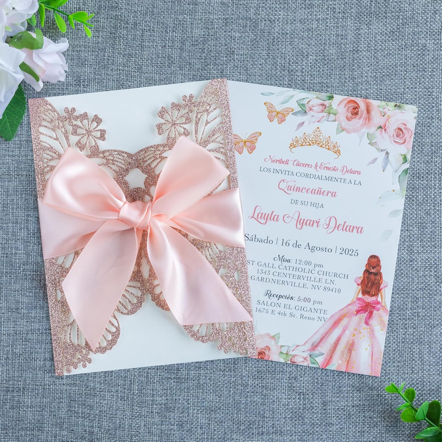 20 PCS 5.12x7.2 Butterfly Personalized Quinceanera Invitation, Customized XV Anos Laser Cut Invitation Cards with Envelopes (Rose Gold Personalized)