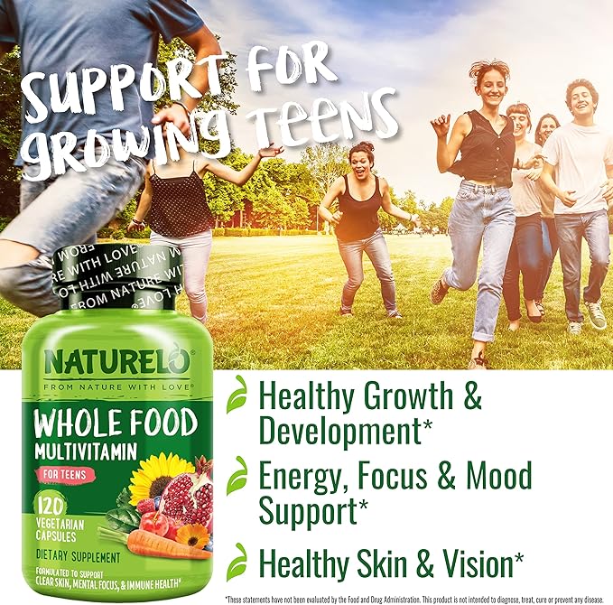 NATURELO Teen Multivitamin - Whole Food Multivitamin - with Minerals for Teenage Boys & Girls - Supplement for Active Kids - Non-GMO - Vegan & Vegetarian - 120 Capsules