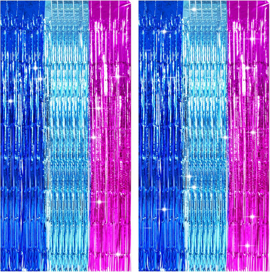 TONIFUL Blue Pink Door Streamers,Blue and Pink Photo Booth Backdrop Metallic Streamers Foil Fringe Curtain for Birthday,New Year,Graduation,Grad,Baby Shower Party Streamers Decoration