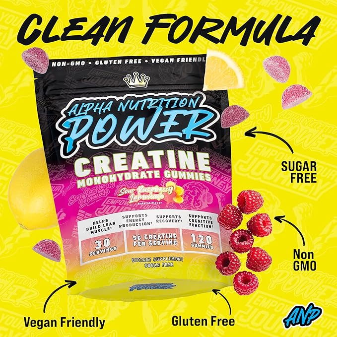 Creatine Monohydrate Gummies 5g for Men & Women, Supplement for Muscle Growth, Energy & Strength, Creatine Gomitas, Sour Raspberry Lemonade, Pre-Workout Gummies, 120 ct