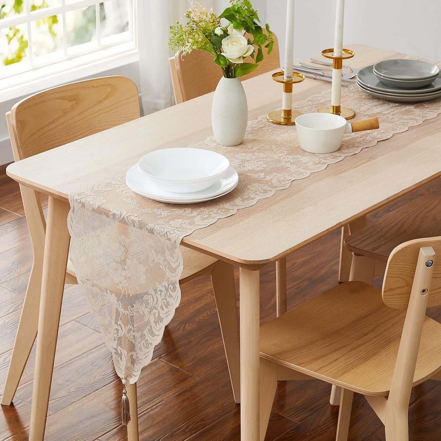 LinenZone Linen Table Runner with 2 Tassels for Rustic Vintage Decor. Lace Table Runner Works Great As Wedding, Thanksgiving, Christmas Decor (Mia 14 x 72, Linen)