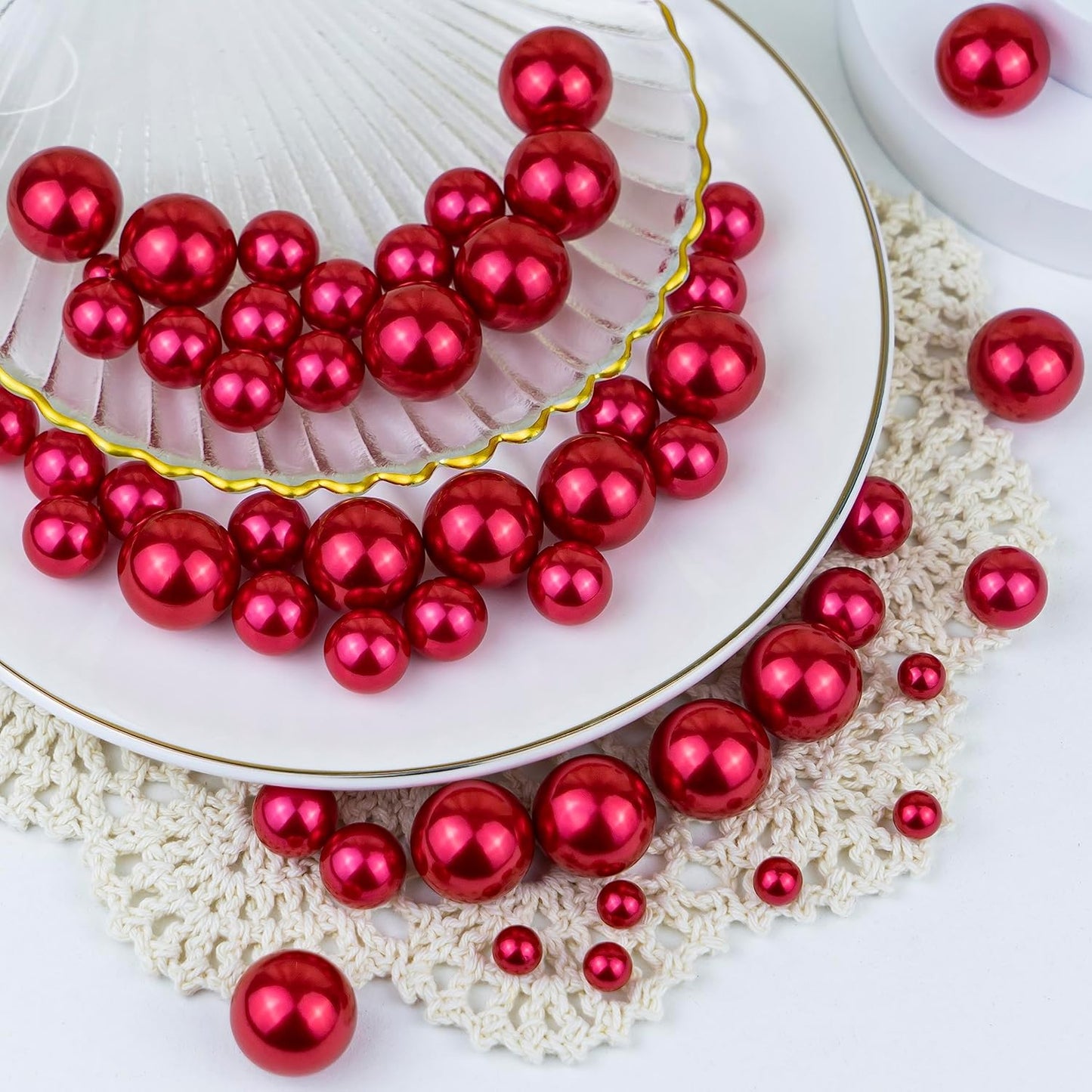 300Pcs Red Polished No Hole Faux Pearl Beads for Vase Filling Decorations, Plastic Pearls Vase Fillers, Table Scatters, Wedding Centerpiece, Home Decor, 8/14/20 mm