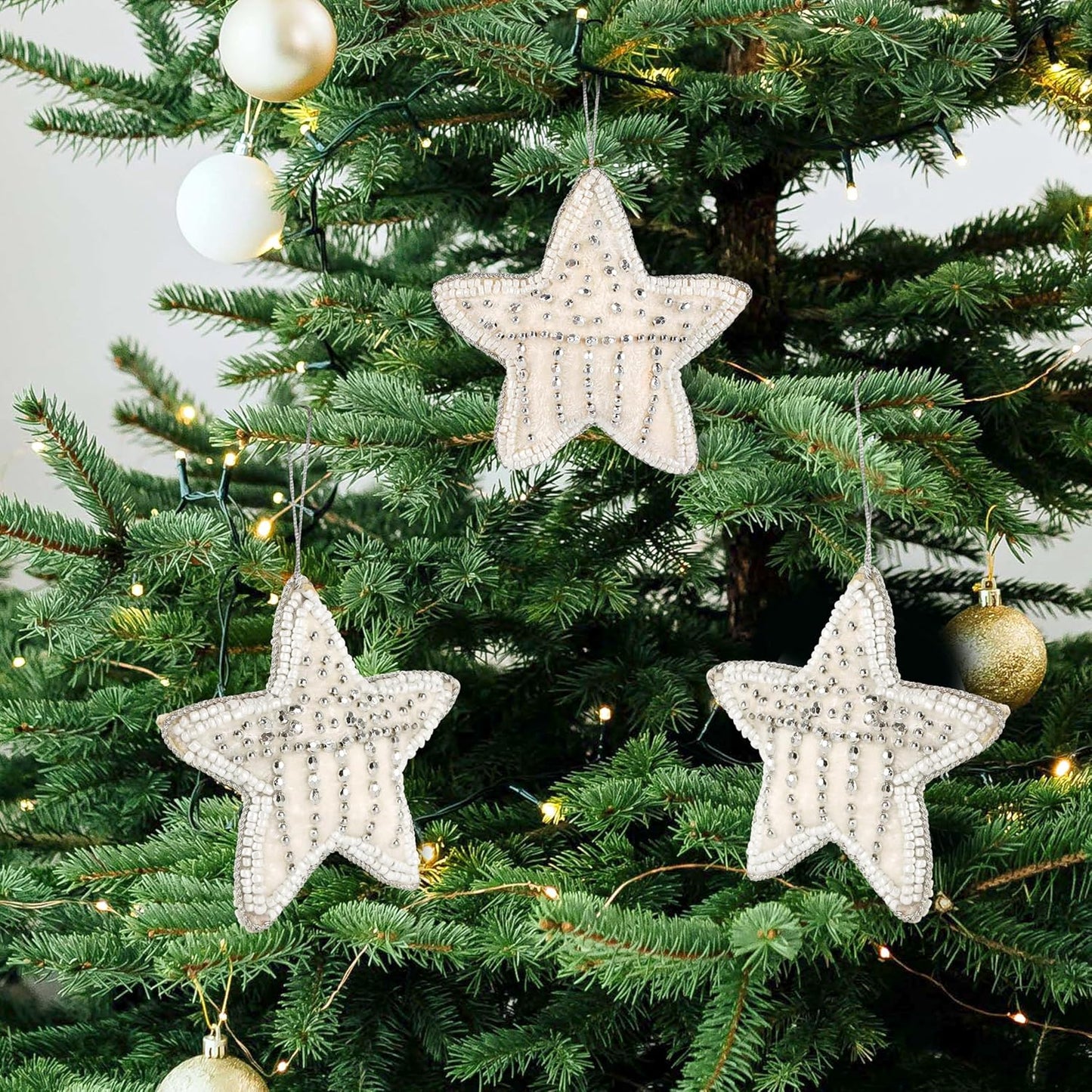Beaded Star Hanging Ornaments with Twine - Beaded Decorative Ornaments Set of 6 for Tabletop Decoration, Bookshelf, Desk, Nightstand, Home, Office, Desktop, Cabinets, Shelf (White) - CLEENTABLE