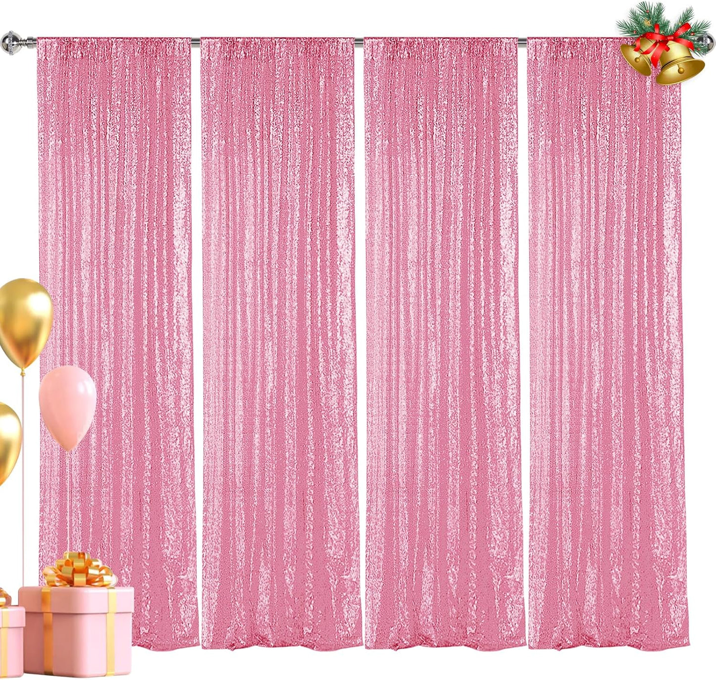 Hahuho Pink Sequin Backdrop Curtain, 4PCS 2FTx8FT Glitter Backdrop Curtain for Parties, Christmas, Wedding, Banquet Decoration（4 Panels, 2FT x 8FT, Pink）