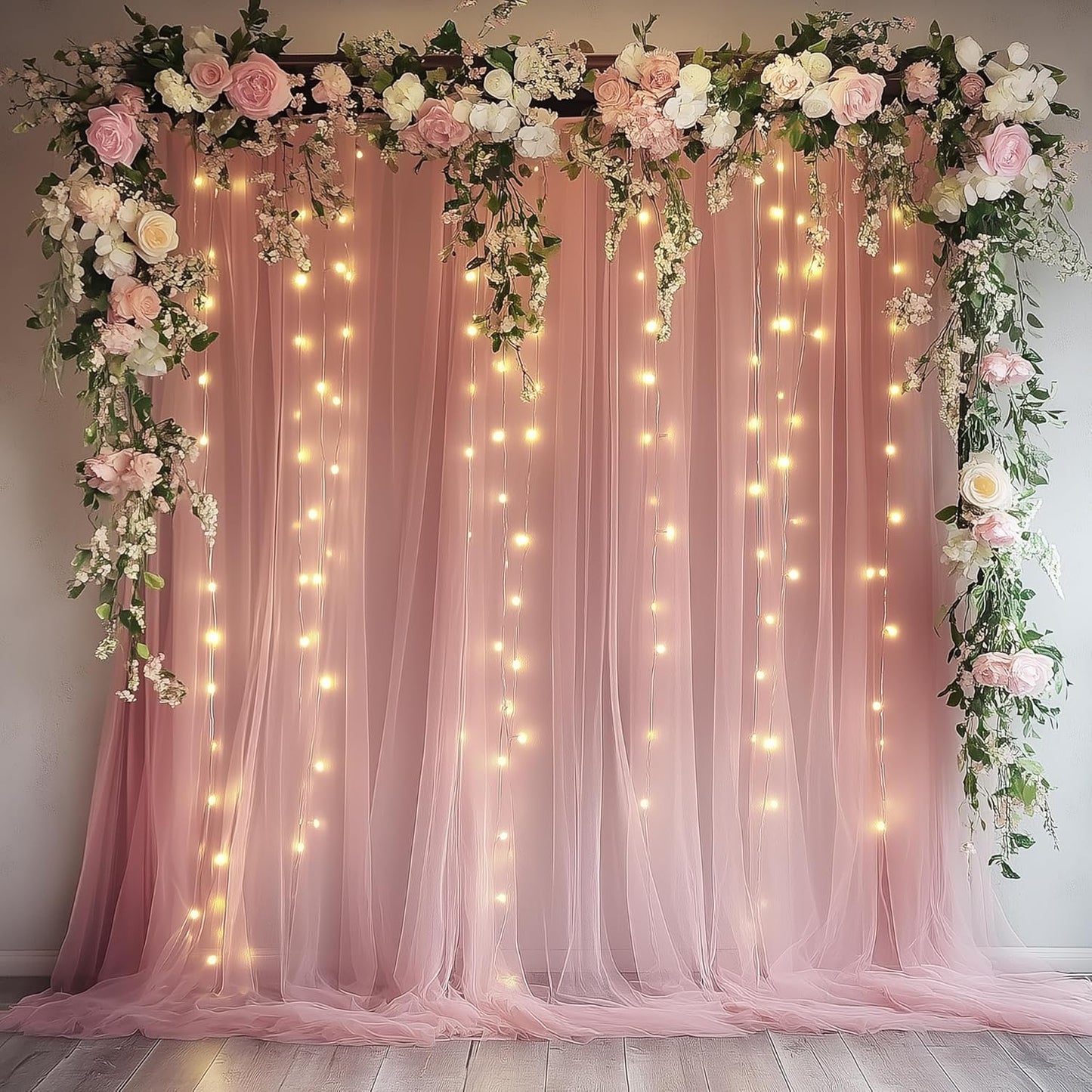 Tulle Backdrop Curtain with Lights String 10FT X 8FT Dusty Rose Sheer Tulle Backdrop Curtains for Wedding Birthday Party Reception Photo Booth Background Decorations (2 Panels 5x8FT)
