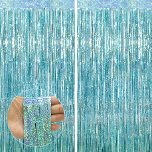 Light Blue Streamers Party Decorations - Thicken 2 Pack 3.2 x 8.2 FT - Blue Foil Fringe Backdrop Curtains for Birthday, Baby Shower, Bachelorette, Frozen, Pool, Under The Sea, Beach Party Decorations