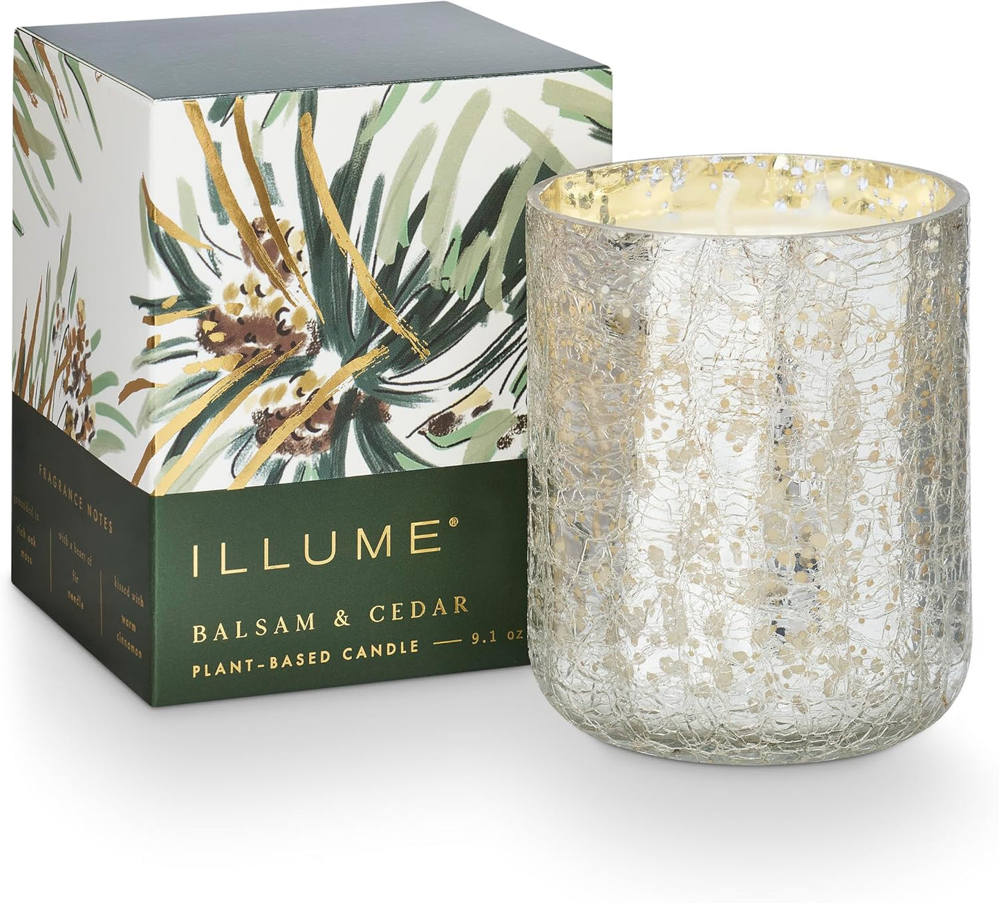 ILLUME Small Boxed Crackle Glass Candle, Balsam & Cedar