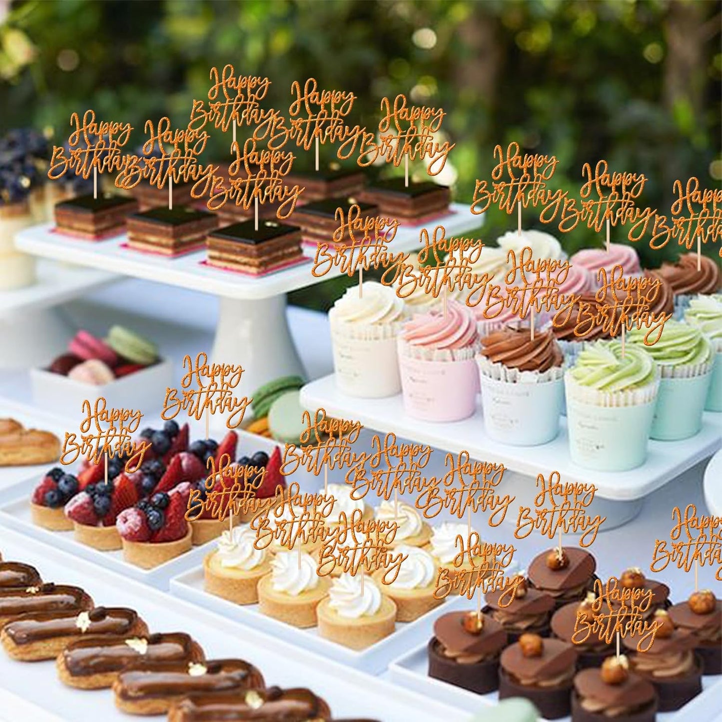 24 PCS Glitter Cupcake Toppers - Happy Birthday & Anniversary Picks - Orange