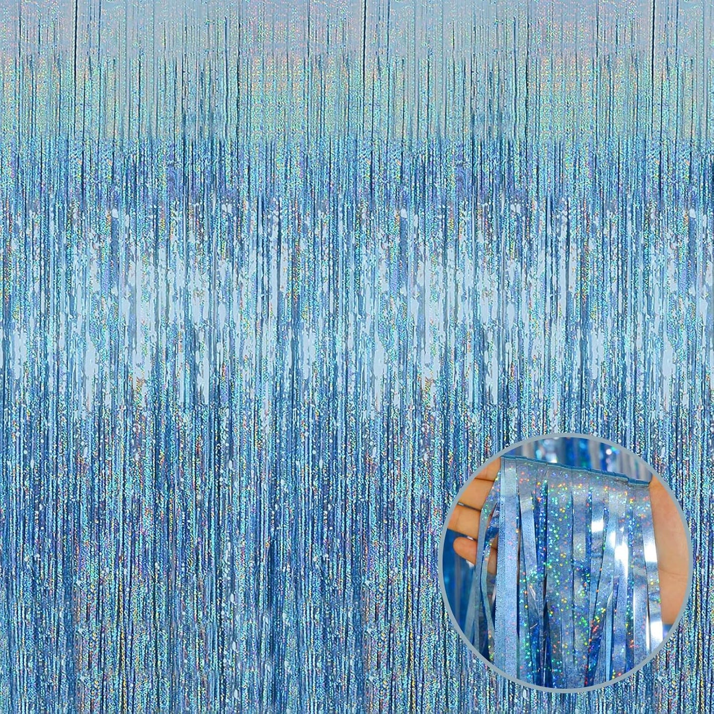 4p Pack Sky Blue Tinsel Foil Fringe Curtain Backdrop, 3.28Ft x 8.2Ft Metallic Streamers for Photo Booth Props Wedding Bridal Shower Bachelorette Birthday Christmas Party Decoration