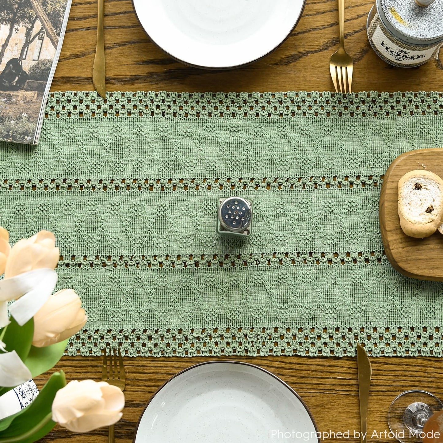 Artoid Mode Light Green Farmhouse Woven Rustic Hollow Table Runner, Seasonal Holiday Hollow Kitchen Dining Table Decoration for Home Party Decor 12x48 Inch