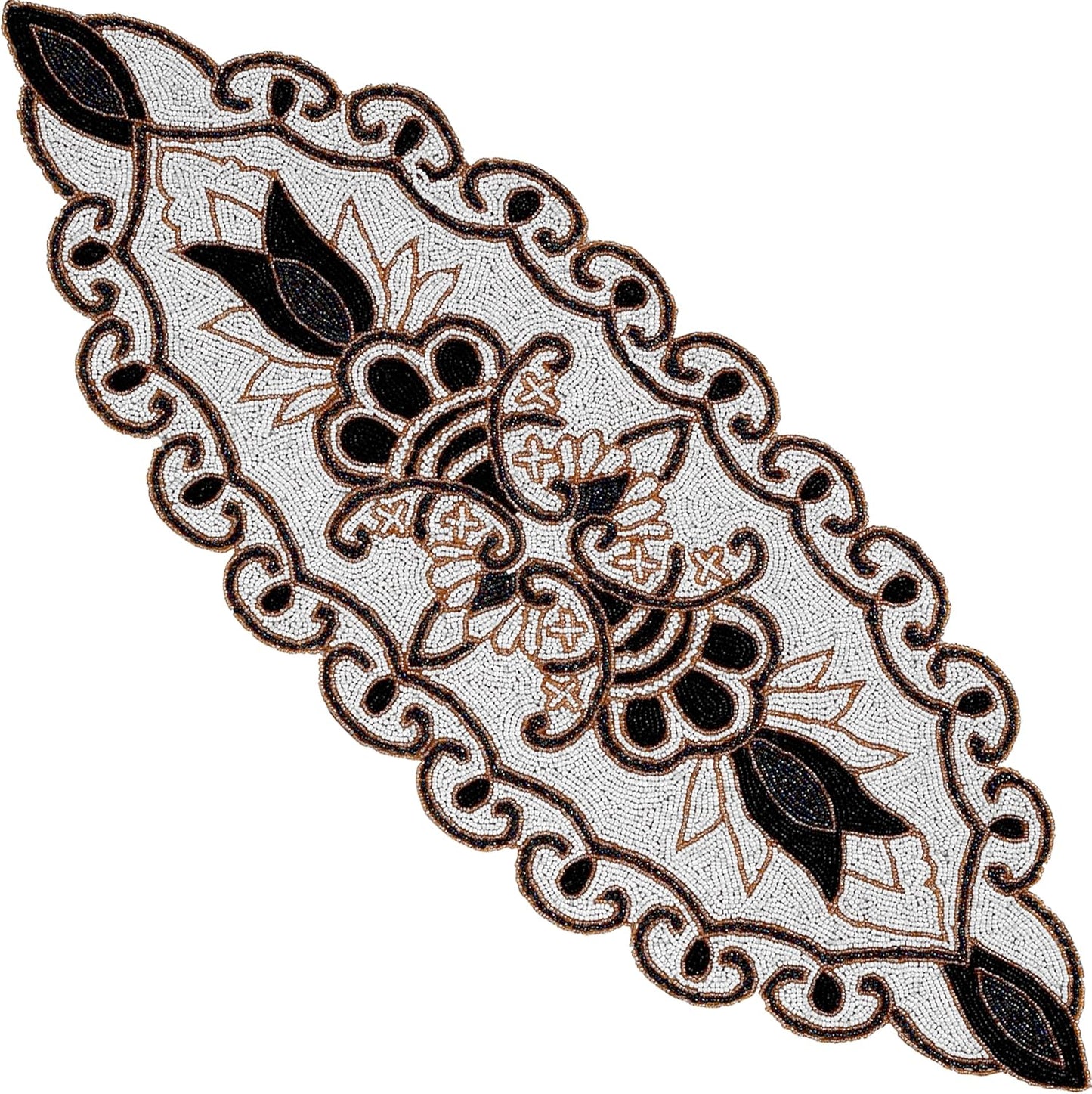36" Decorative Beaded Table Runner - Handcrafted Floral Design with Durable Polyester Backing for Dining, Coffee Table & Special Occasions (Black White Brown) - CLEENTABLE