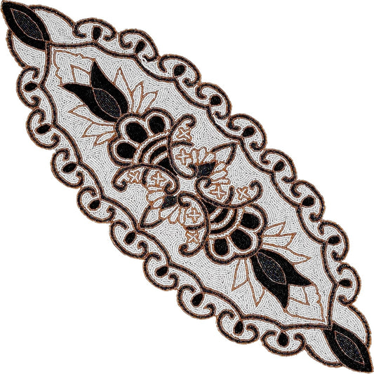 36" Decorative Beaded Table Runner - Handcrafted Floral Design with Durable Polyester Backing for Dining, Coffee Table & Special Occasions (Black White Brown) - CLEENTABLE